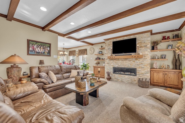 315 E Oak Ln, Kaysville, UT 84037 - living room with beamed ceiling, crown molding, a chandelier, carpet, and a stone fireplace