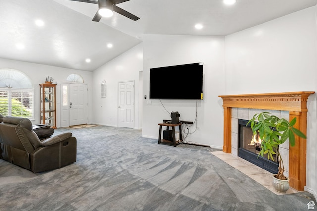 9353 S 4460 W, West Jordan, UT 84088 - living area with vaulted ceiling, a fireplace, a ceiling fan, recessed lighting, and carpet