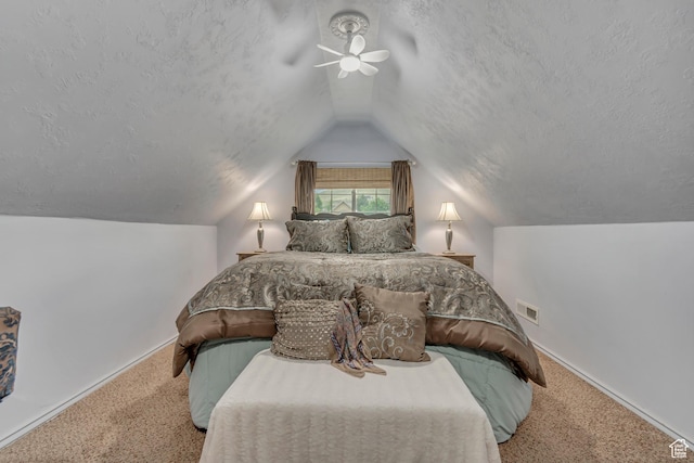 5718 W Silver Rose Cir S, Herriman, UT 84096 - carpeted bedroom featuring lofted ceiling, ceiling fan, and a textured ceiling