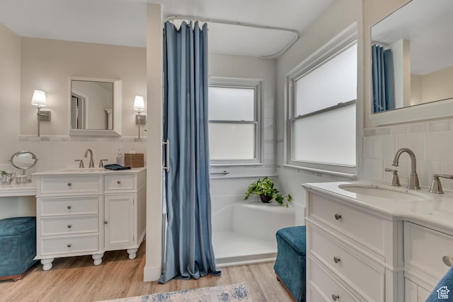 5718 W Silver Rose Cir S, Herriman, UT 84096 - full bathroom with decorative backsplash, wood finished floors, and two vanities