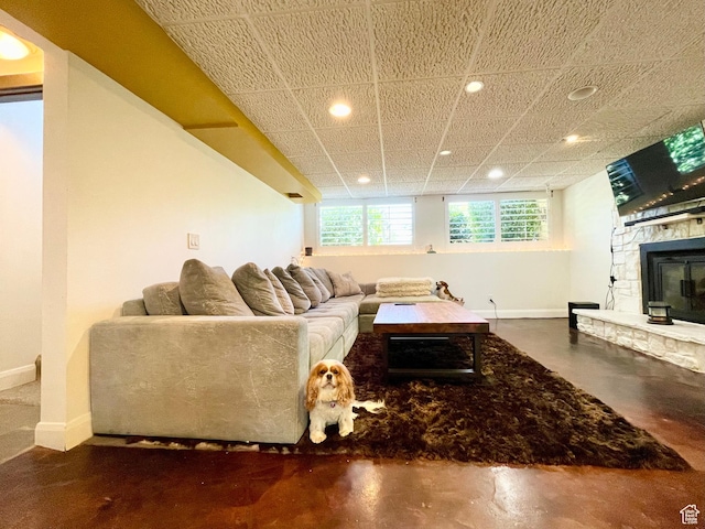 3411 E Enchanted View Dr S, Cottonwood Heights, UT 84121 - living area with a fireplace, recessed lighting, concrete flooring, and plenty of natural light
