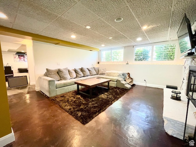 3411 E Enchanted View Dr S, Cottonwood Heights, UT 84121 - living room featuring finished concrete flooring, recessed lighting, and a drop ceiling