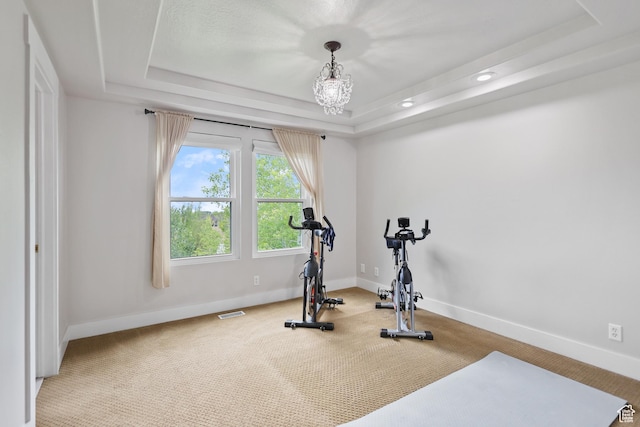 10787 S Pine Shadow Rd, South Jordan, UT 84009 - workout area featuring a raised ceiling, carpet, recessed lighting, and a chandelier