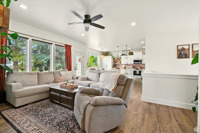 155 N 200 E, Richmond, UT 84333 - living room with a ceiling fan, wood finished floors, and recessed lighting