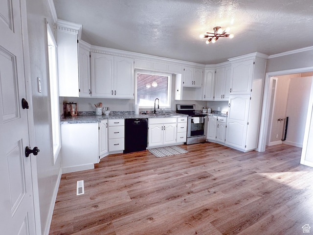 297 S 200 W, Richmond, UT 84333 - kitchen featuring black dishwasher, electric range, white cabinetry, light wood-style flooring, and a textured ceiling