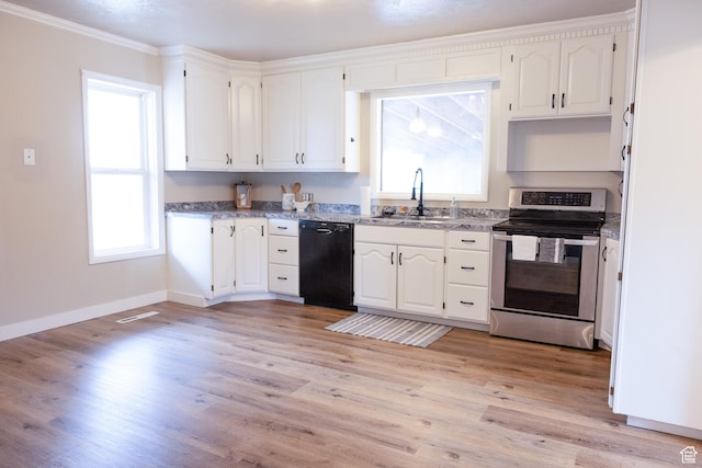 297 S 200 W, Richmond, UT 84333 - kitchen featuring black dishwasher, stainless steel electric range oven, white cabinetry, light wood-style flooring, and crown molding