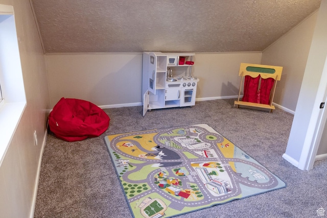 297 S 200 W, Richmond, UT 84333 - rec room with a textured ceiling, carpet floors, and vaulted ceiling