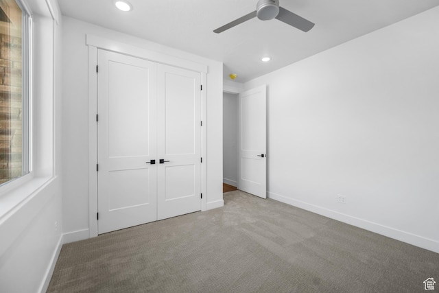 2154 S Bluff Dr, Cedar City, UT 84720 - unfurnished bedroom featuring carpet floors, recessed lighting, a closet, and a ceiling fan