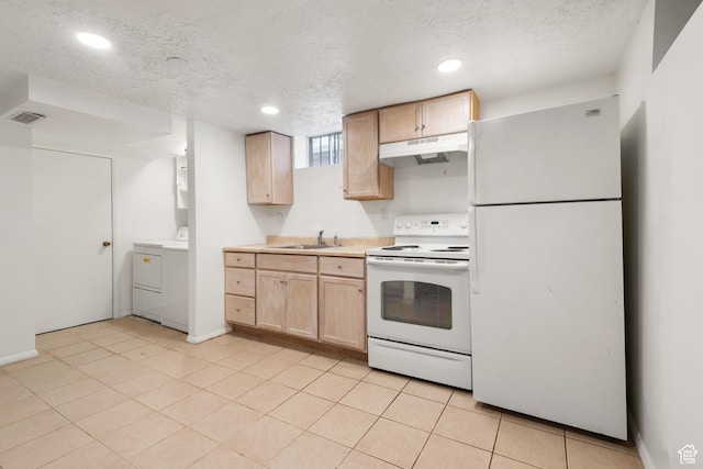 2359 E Bryan Ave S, Salt Lake City, UT 84108 - kitchen featuring white appliances, light brown cabinetry, under cabinet range hood, light countertops, and a textured ceiling