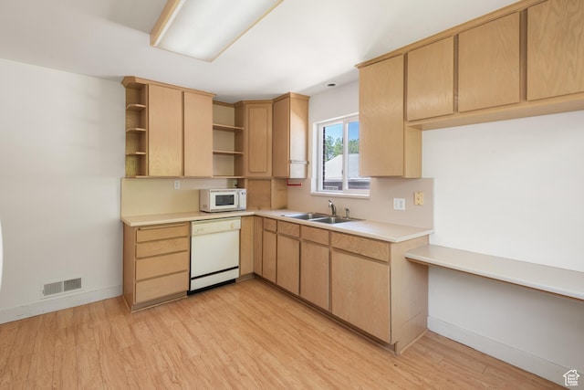 2359 E Bryan Ave S, Salt Lake City, UT 84108 - kitchen with white appliances, open shelves, light brown cabinetry, and light wood-style flooring