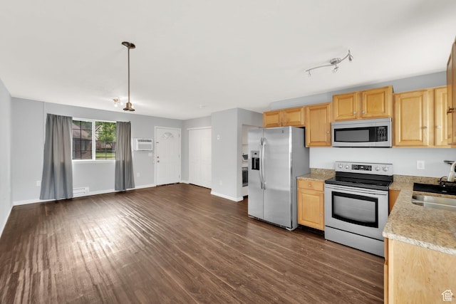 710 N 800 W Unit 11, Salt Lake City, UT 84116 - kitchen with appliances with stainless steel finishes, light brown cabinets, dark wood-style flooring, and an AC wall unit