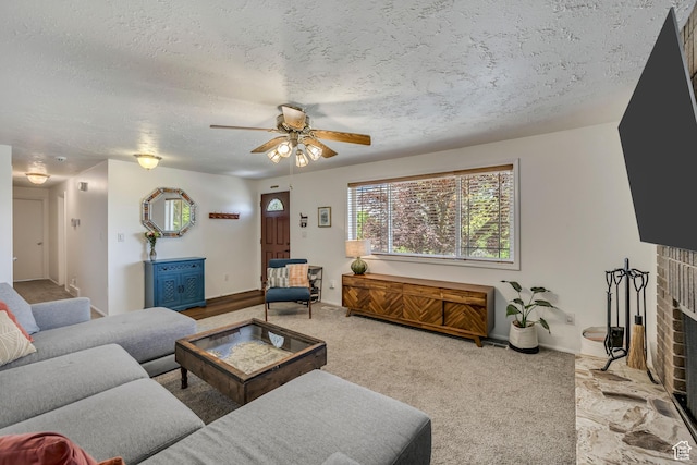 26 N 325 E, Farmington, UT 84025 - carpeted living room featuring a ceiling fan, a textured ceiling, and a brick fireplace