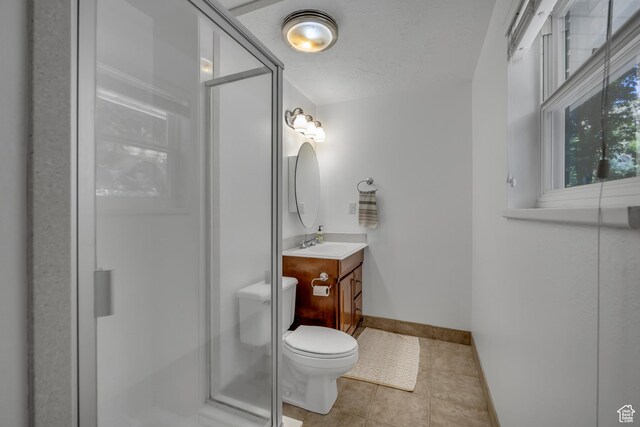 26 N 325 E, Farmington, UT 84025 - full bathroom with vanity, a stall shower, tile patterned flooring, and a textured ceiling