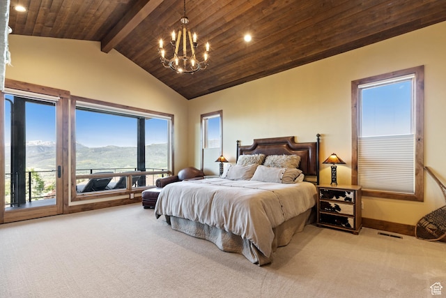 3911 N Zermatt St, Eden, UT 84310 - bedroom featuring carpet, access to exterior, a chandelier, wooden ceiling, and a mountain view