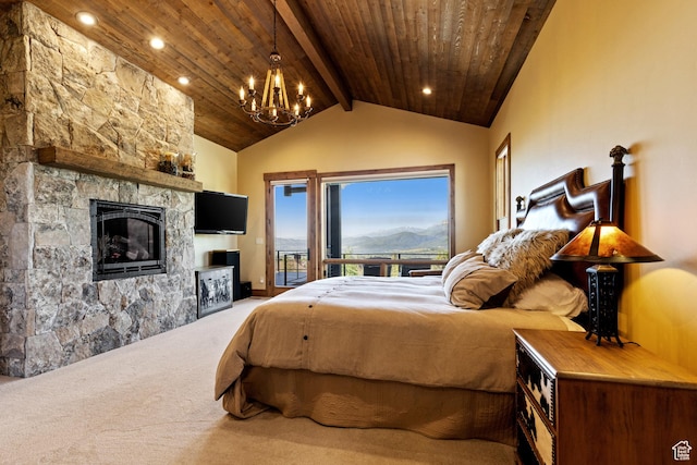 3911 N Zermatt St, Eden, UT 84310 - carpeted bedroom with access to outside, a chandelier, wooden ceiling, a stone fireplace, and recessed lighting