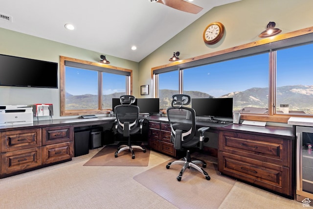 3911 N Zermatt St, Eden, UT 84310 - home office featuring lofted ceiling, wine cooler, light carpet, built in study area, and recessed lighting