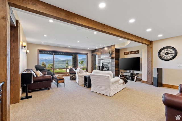 3911 N Zermatt St, Eden, UT 84310 - living room featuring light colored carpet, recessed lighting, beamed ceiling, and a fireplace