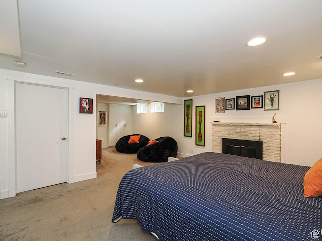 4601 S Creekview Cir, Murray, UT 84107 - bedroom with carpet flooring, recessed lighting, and a fireplace