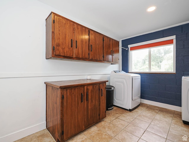 4601 S Creekview Cir, Murray, UT 84107 - laundry room with cabinet space, washing machine and dryer, light tile patterned flooring, and recessed lighting