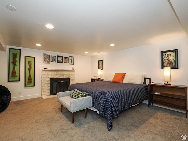 4601 S Creekview Cir, Murray, UT 84107 - bedroom with carpet flooring, recessed lighting, and a stone fireplace