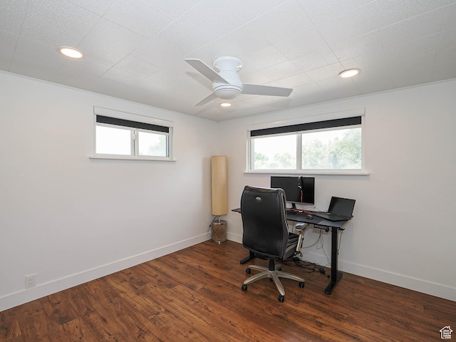 4601 S Creekview Cir, Murray, UT 84107 - office area with wood finished floors, a ceiling fan, and recessed lighting