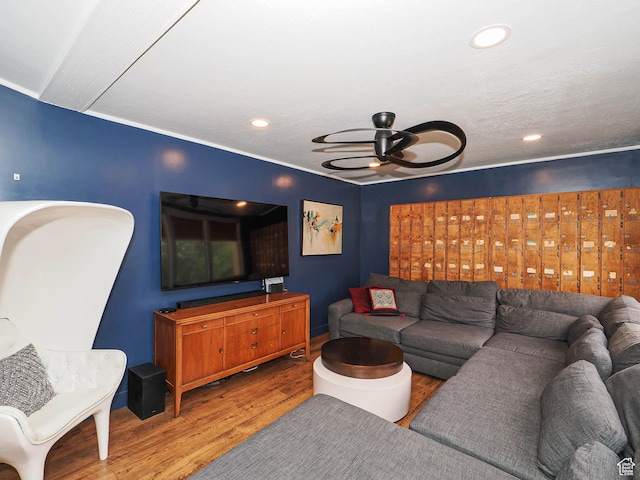 4601 S Creekview Cir, Murray, UT 84107 - living area featuring wood finished floors, ceiling fan, and recessed lighting