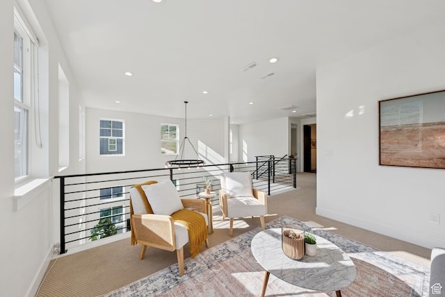 12756 N Belaview Way, Hideout, UT 84036 - living area with carpet, an upstairs landing, and recessed lighting
