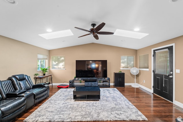 785 N 200 E, Tremonton, UT 84337 - living area featuring a skylight, dark wood-style floors, lofted ceiling, a ceiling fan, and recessed lighting