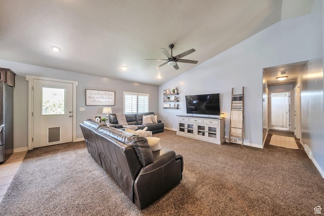 1295 S 4050 W, Syracuse, UT 84075 - living room featuring a ceiling fan, carpet, and high vaulted ceiling