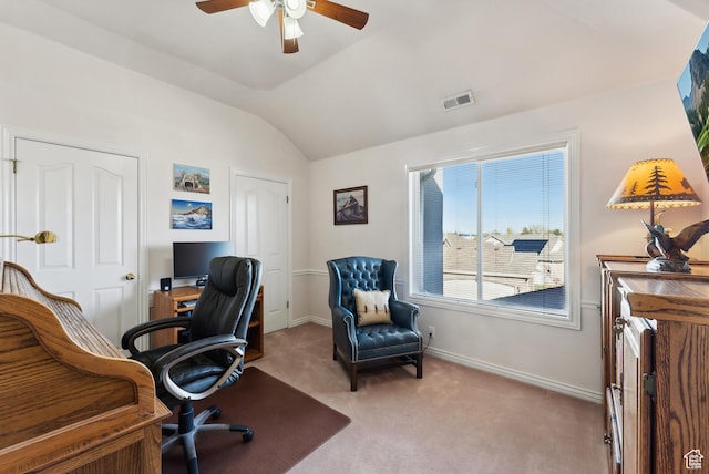 11694 S Stone Crest Cir W, Riverton, UT 84065 - office with a ceiling fan, lofted ceiling, and light carpet