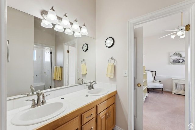 11694 S Stone Crest Cir W, Riverton, UT 84065 - full bathroom featuring double vanity, a ceiling fan, and  shower combination