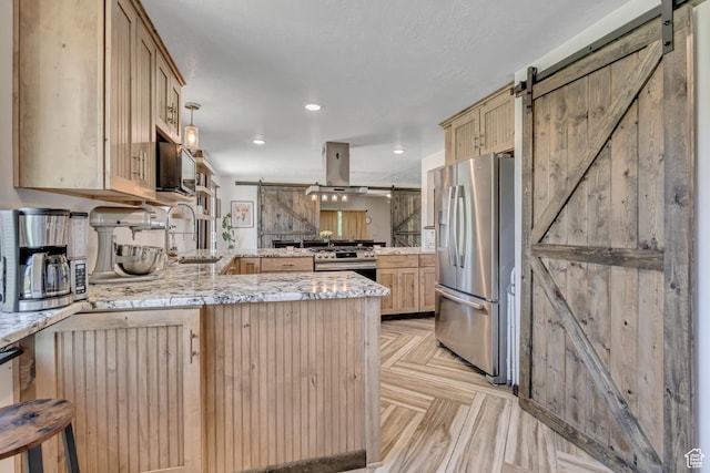 8695 E 800 S, Huntsville, UT 84317 - kitchen featuring a barn door, appliances with stainless steel finishes, a peninsula, light brown cabinets, and island range hood