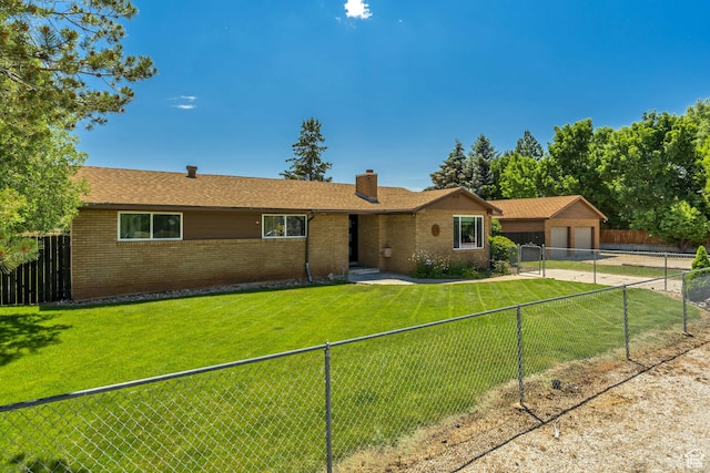 8695 E 800 S, Huntsville, UT 84317 - ranch-style home featuring a garage, brick siding, a chimney, and a fenced backyard