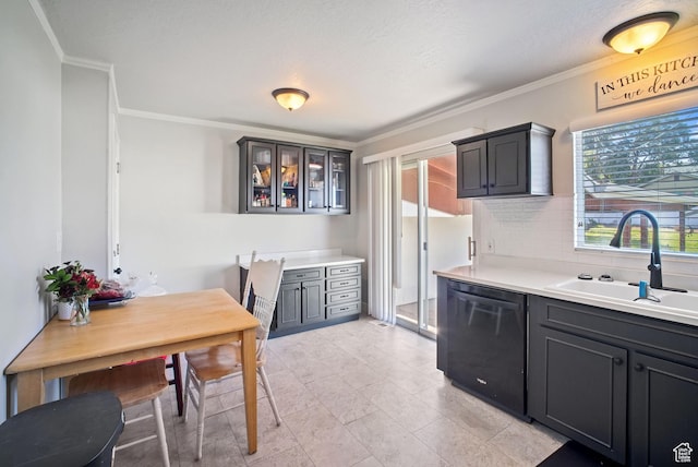 733 W 3500 S, Bountiful, UT 84010 - kitchen featuring black dishwasher, ornamental molding, backsplash, light countertops, and glass insert cabinets