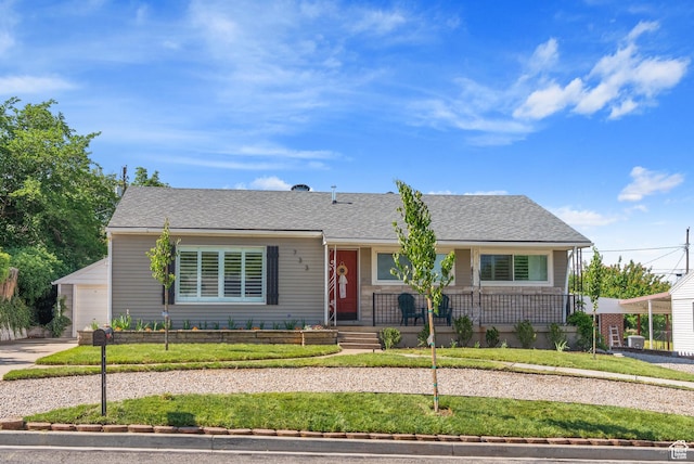 733 W 3500 S, Bountiful, UT 84010 - ranch-style house featuring a porch, a front lawn, a garage, and driveway
