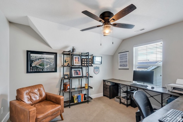 10616 S Wistful Way S, Jordan, UT 84009 - home office featuring vaulted ceiling, a ceiling fan, and light carpet