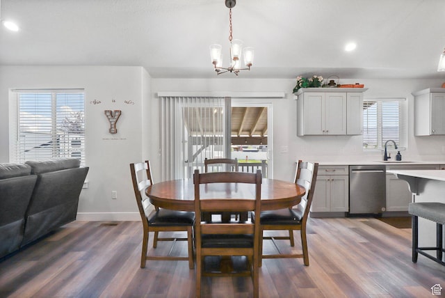 4764 N Gunsight Peak Dr, Eagle Mountain, UT 84005 - dining room featuring a chandelier, wood finished floors, and recessed lighting