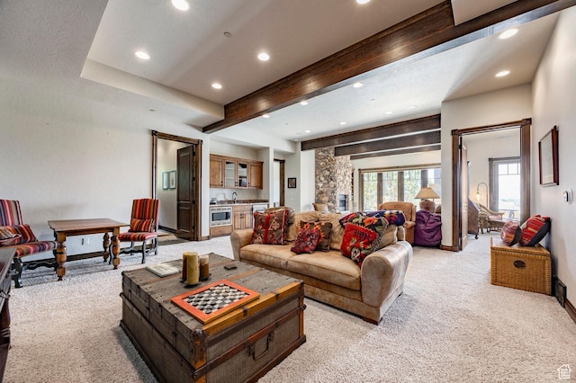 285 N Kings Peak Ct, Heber City, UT 84032 - living area with light carpet, recessed lighting, beam ceiling, and bar area