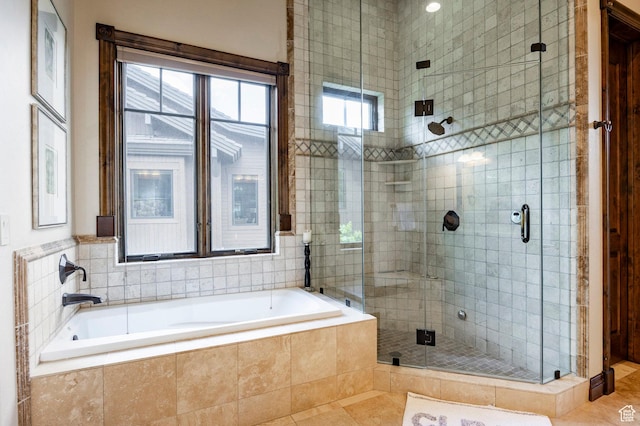 285 N Kings Peak Ct, Heber City, UT 84032 - bathroom featuring a shower stall, a garden tub, and tile patterned flooring