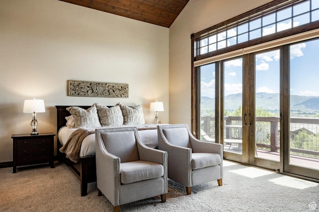 285 N Kings Peak Ct, Heber City, UT 84032 - carpeted bedroom featuring access to outside, a mountain view, high vaulted ceiling, and wood ceiling