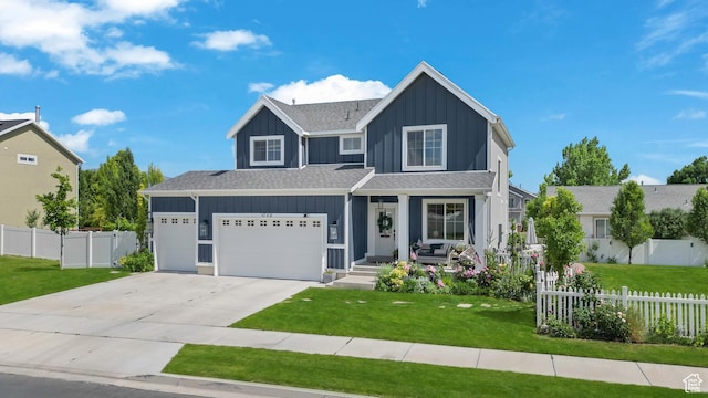 748 S Crooked Post Way, Saratoga Springs, UT 84045 - traditional-style house featuring board and batten siding, concrete driveway, an attached garage, roof with shingles, and a porch