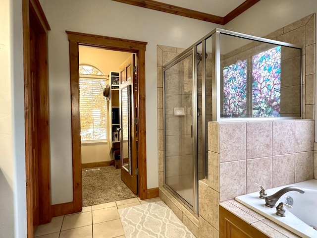 840 S Williams Cv W, Salem, UT 84653 - full bathroom with ornamental molding, a shower stall, tile patterned flooring, and a bath