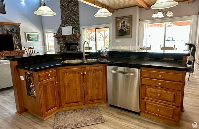 840 S Williams Cv W, Salem, UT 84653 - kitchen with dishwasher, brown cabinetry, light wood finished floors, a wooden ceiling with exposed beams, and open floor plan