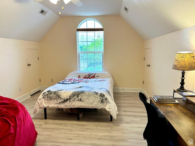 840 S Williams Cv W, Salem, UT 84653 - bedroom featuring light wood-style flooring, lofted ceiling, and a ceiling fan