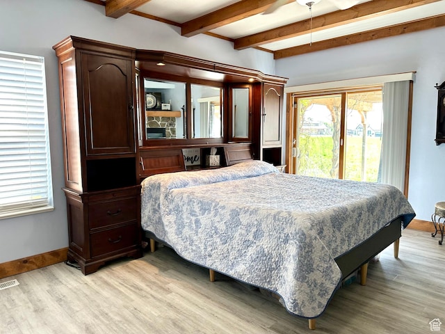 840 S Williams Cv W, Salem, UT 84653 - bedroom with beamed ceiling, access to exterior, light wood finished floors, and multiple windows