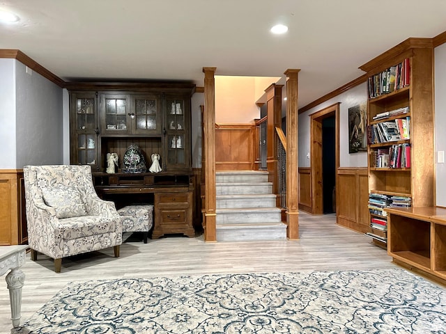 840 S Williams Cv W, Salem, UT 84653 - living area featuring crown molding, wainscoting, light wood finished floors, and stairs