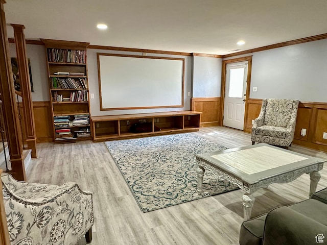 840 S Williams Cv W, Salem, UT 84653 - living room featuring a wainscoted wall, ornamental molding, light wood finished floors, and recessed lighting
