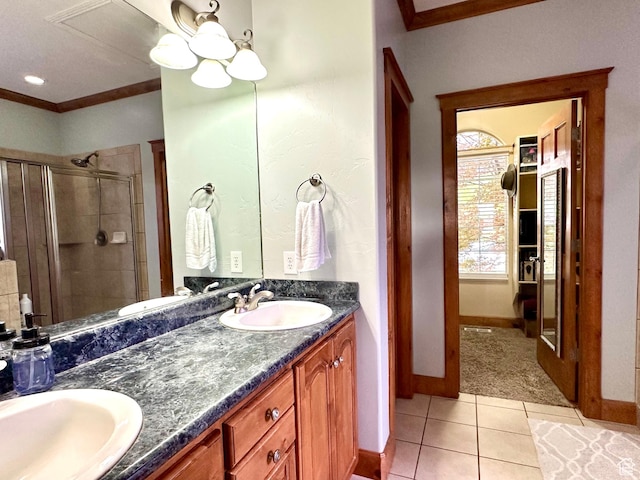 840 S Williams Cv W, Salem, UT 84653 - full bathroom with crown molding, a stall shower, double vanity, and tile patterned floors