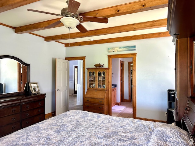840 S Williams Cv W, Salem, UT 84653 - bedroom with beam ceiling, tile patterned floors, and a ceiling fan