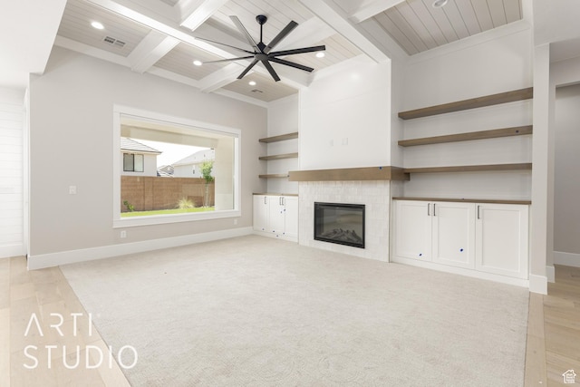 2818 E Rill Dr, Washington, UT 84780 - unfurnished living room with beam ceiling, a tile fireplace, recessed lighting, a ceiling fan, and coffered ceiling